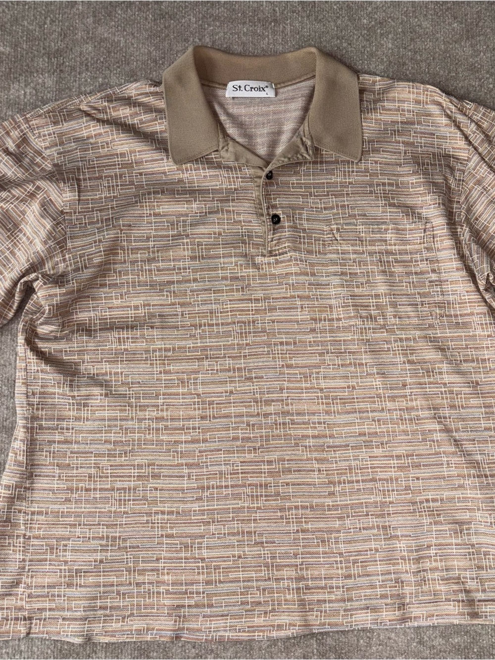St. Croix Men's Beige Geometric Short Sleeve Collared Polo Shirt Size L